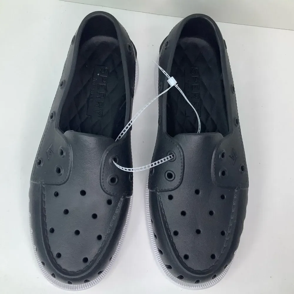 NWOT! Sperry Float Boat Black/White Rubber Women’s Slip On Shoes Sz 9M